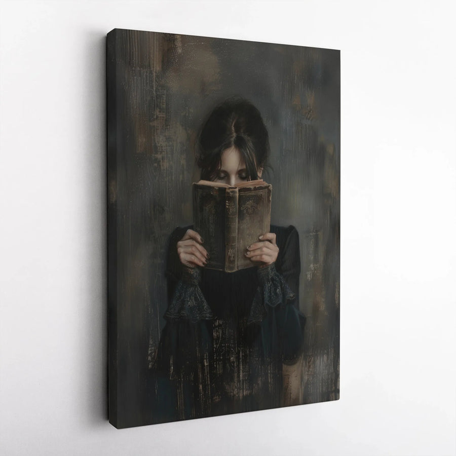 Gothic Woman Reading Old Book Canvas | Moody Dark Academia Wall Art | Premium Gallery Wrapped Print | Gift for Readers and Book Lovers