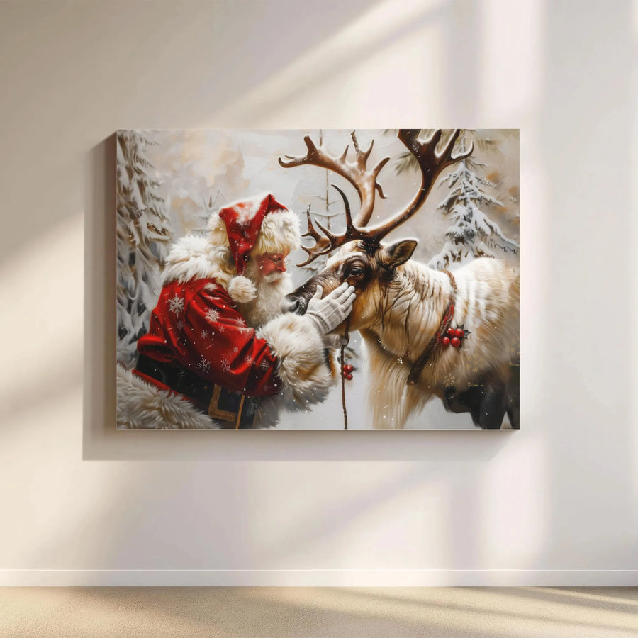 Santa Claus Reindeer Canvas Wall Art | Snowy Forest Christmas Scene | Premium 1.25" Gallery Wrap | Festive Holiday Home Decor Gift