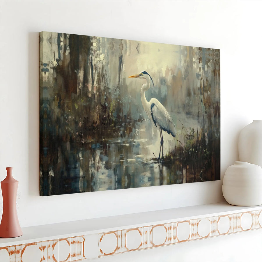 Great Blue Heron Canvas Wall Art | Impressionist Swamp Bird Painting | Premium Thick Stretched Canvas | Collector's Gift for Nature Lovers