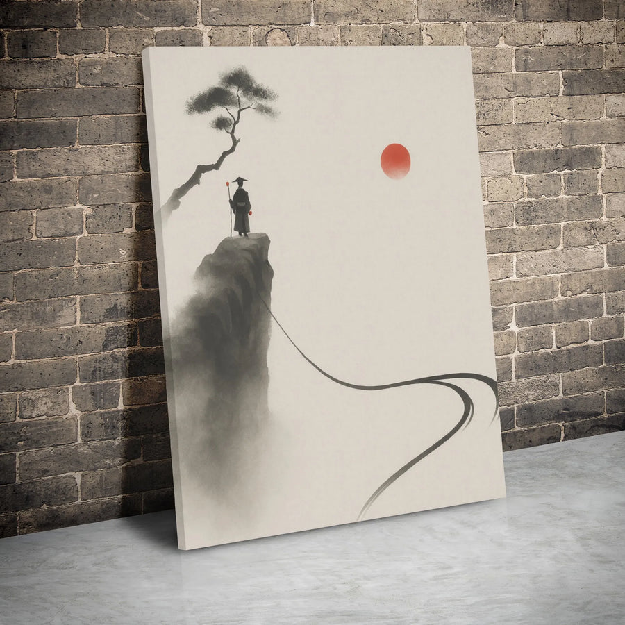 Japanese Ink Wash Canvas Wall Art | Sumi-e Traveler On Cliff | Premium Gallery Wrap Decor | Minimalist Zen Mountain Gift For Home