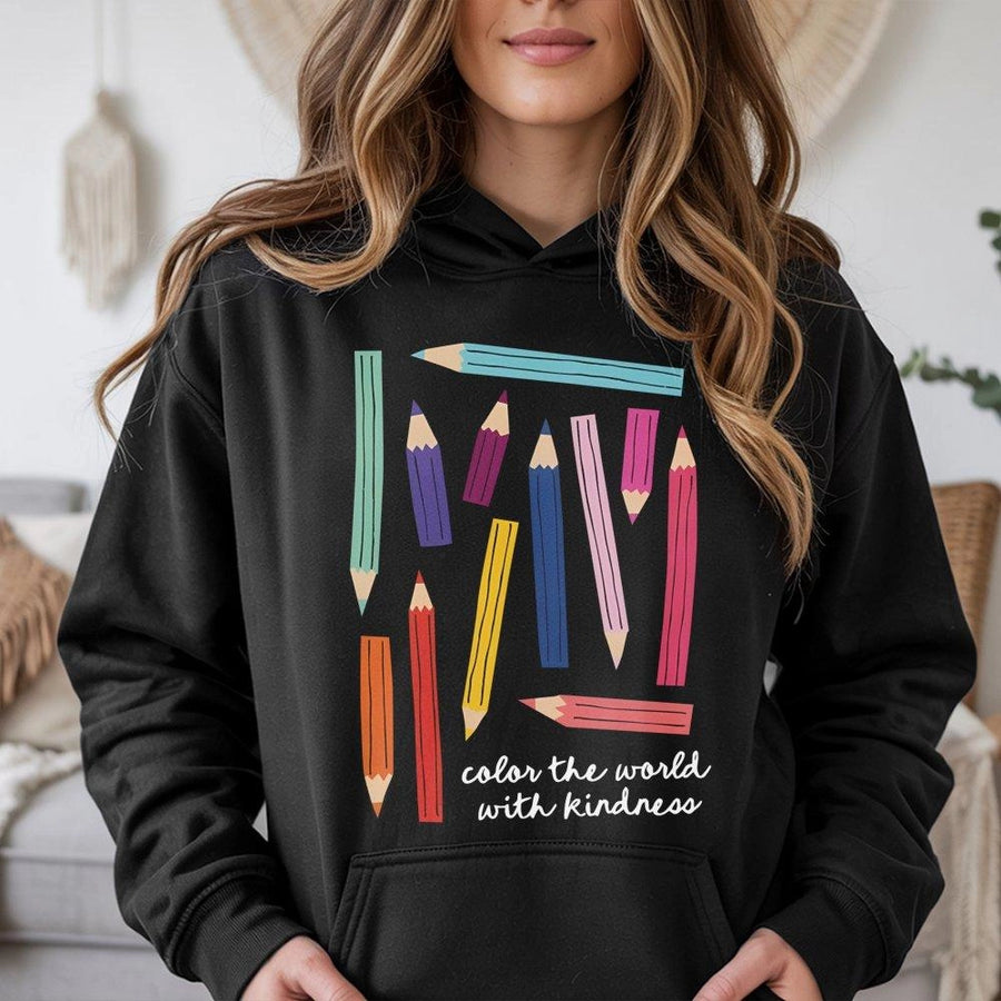 Color The World With Kindness Hoodie | Cute Art Teacher Gift | Premium Cotton Blend Pullover | Kindergarten Teacher Appreciation Shirt