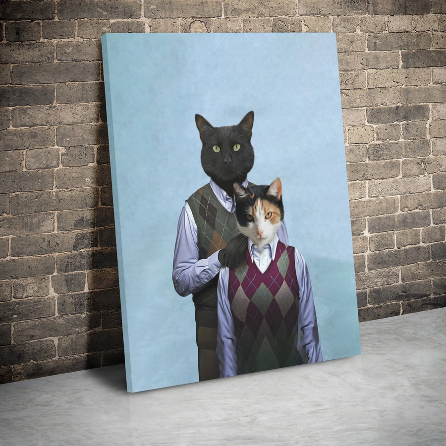 Anthropomorphic Cat Couple Canvas | Vintage Argyle Vest Portrait | Premium 1.25-inch Gallery Wrap | Unique Funny Pet Lover Gift
