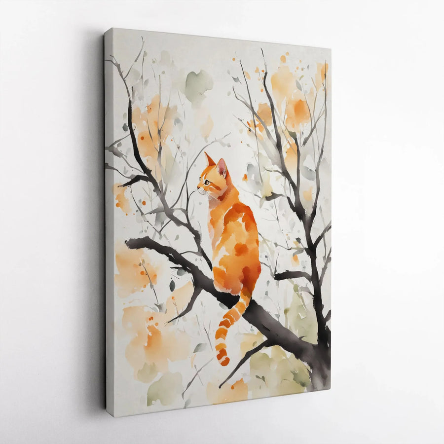 Orange Tabby Cat Wall Art | Watercolor Tree Branch Illustration | Premium Gallery Wrapped Canvas | Charming Animal Home Decor Gift
