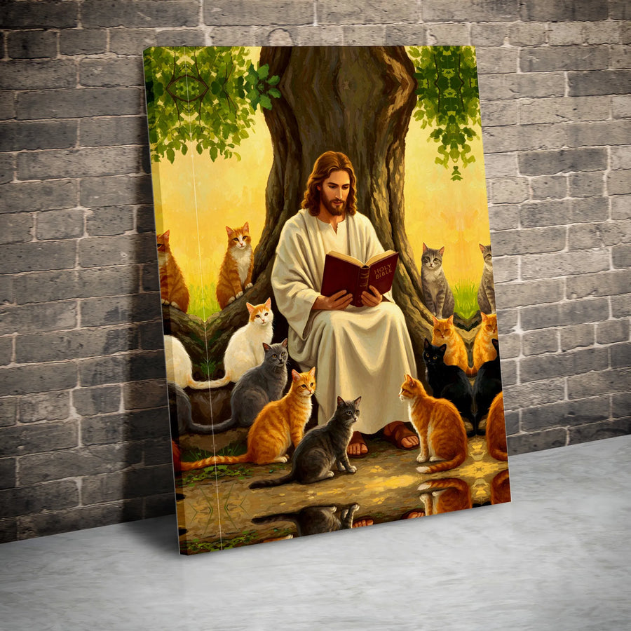 Jesus Reading Bible with Cats Canvas Art | Whimsical Religious Wall Decor | Premium Fade-Resistant Print | Spiritual Home Gift for Cat Lovers