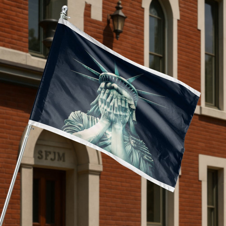 Crying Statue Of Liberty House Flag | Commentary Patriotic Art | Weather-Resistant Polyester | Statement Home Garden Decor Gift
