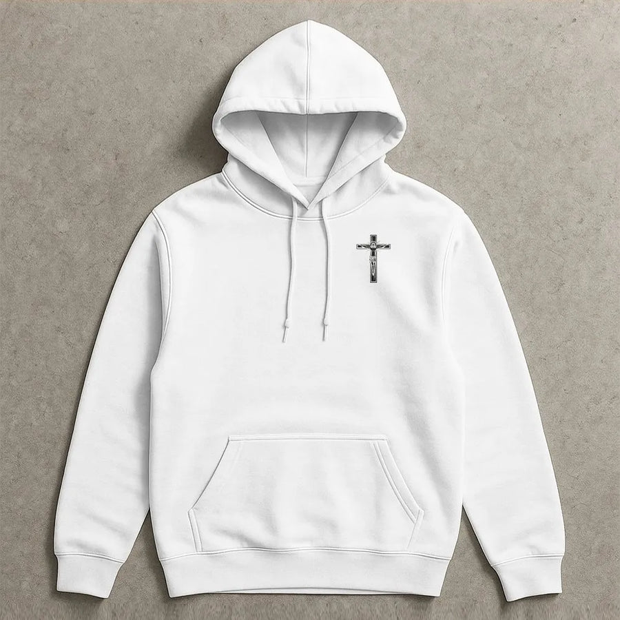 Crucifix Hoodie | Minimalist Jesus Cross Chest Graphic | Premium 100% Cotton | Religious Faith Gift for Men & Women