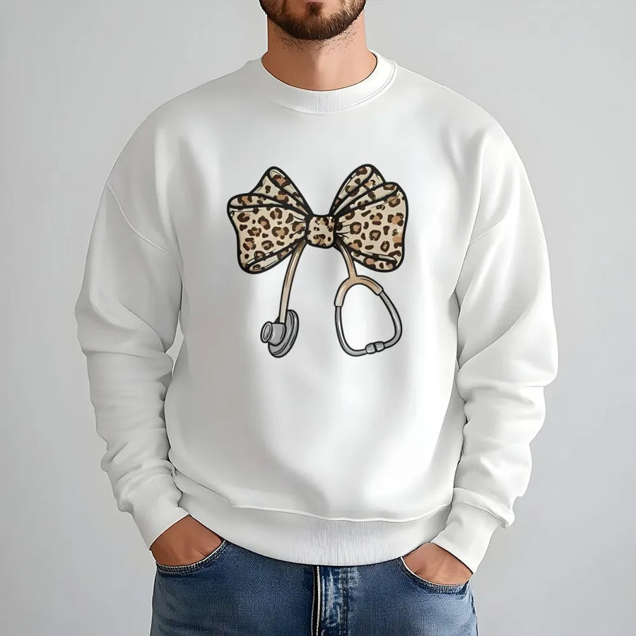 Nurse Sweatshirt | Leopard Print Bow Stethoscope Graphic | Premium Cotton Blend | Medical Professional Graduation Gift For Her