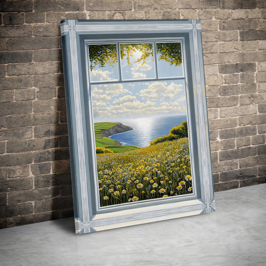 Coastal Window View Canvas Wall Art | Daisy Field Ocean Landscape | Gallery-Wrapped Premium Print | Calming Nature Decor for Living Room