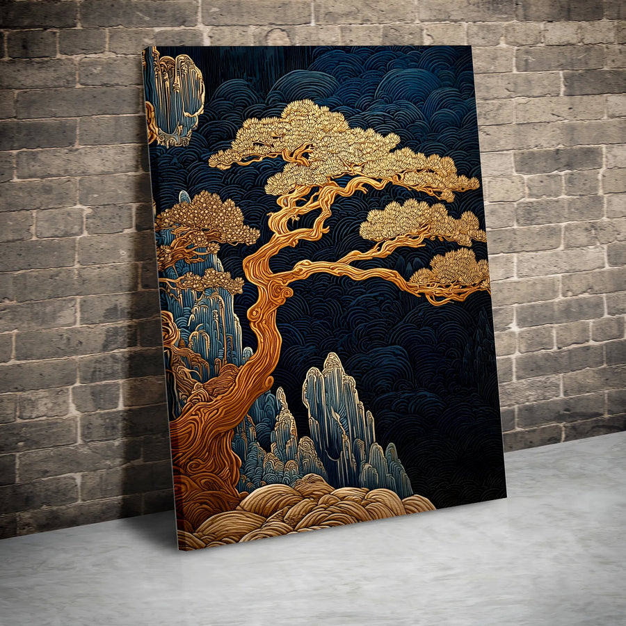Japanese Pine Tree Canvas Wall Art | Golden Bonsai & Blue Waves Print | Premium Gallery Wrap Decor | Zen Office or Living Room Gift