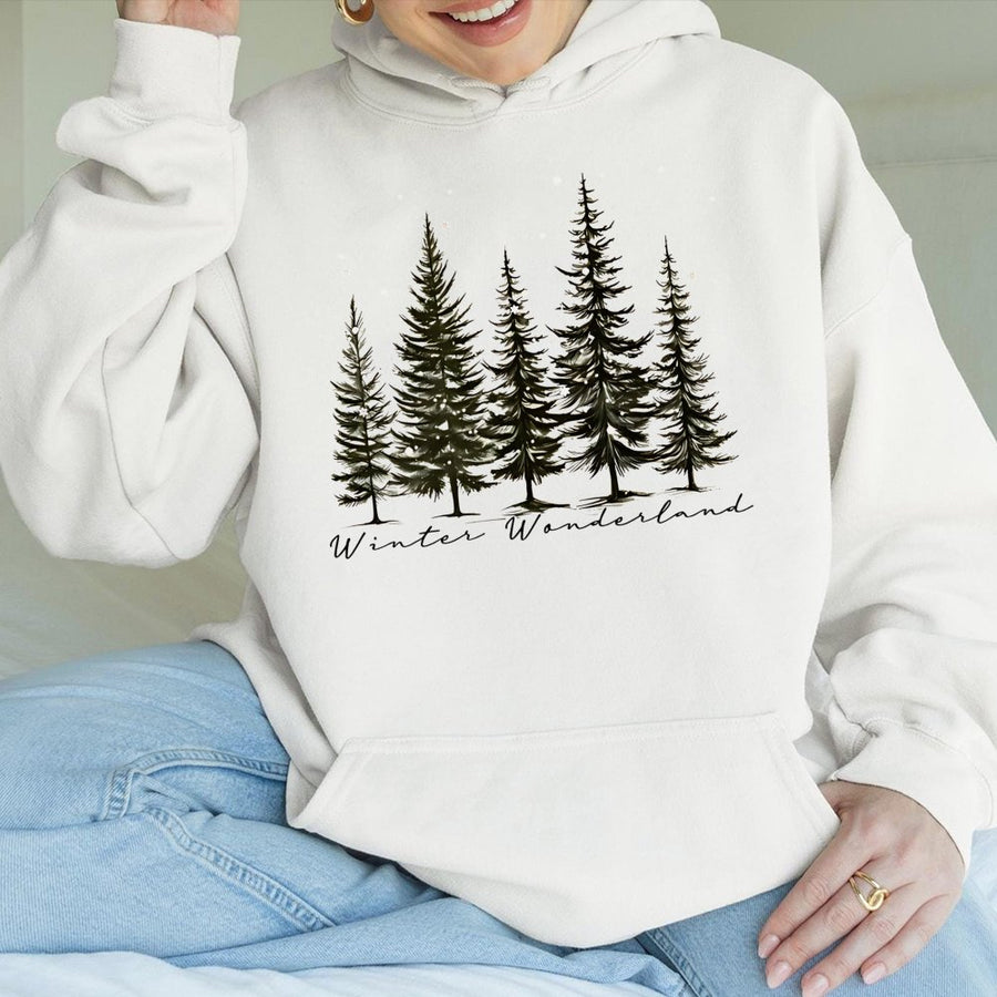 Winter Wonderland Hoodie | Snowy Pine Tree Graphic | Soft Cotton Blend | Festive Christmas Gift for Her