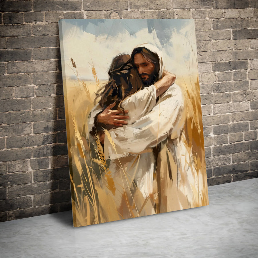 Jesus Hugging Canvas Print | Modern Christian Art in Wheat Field | Premium Gallery Wrap Canvas | Spiritual Wall Decor Gift for Christians