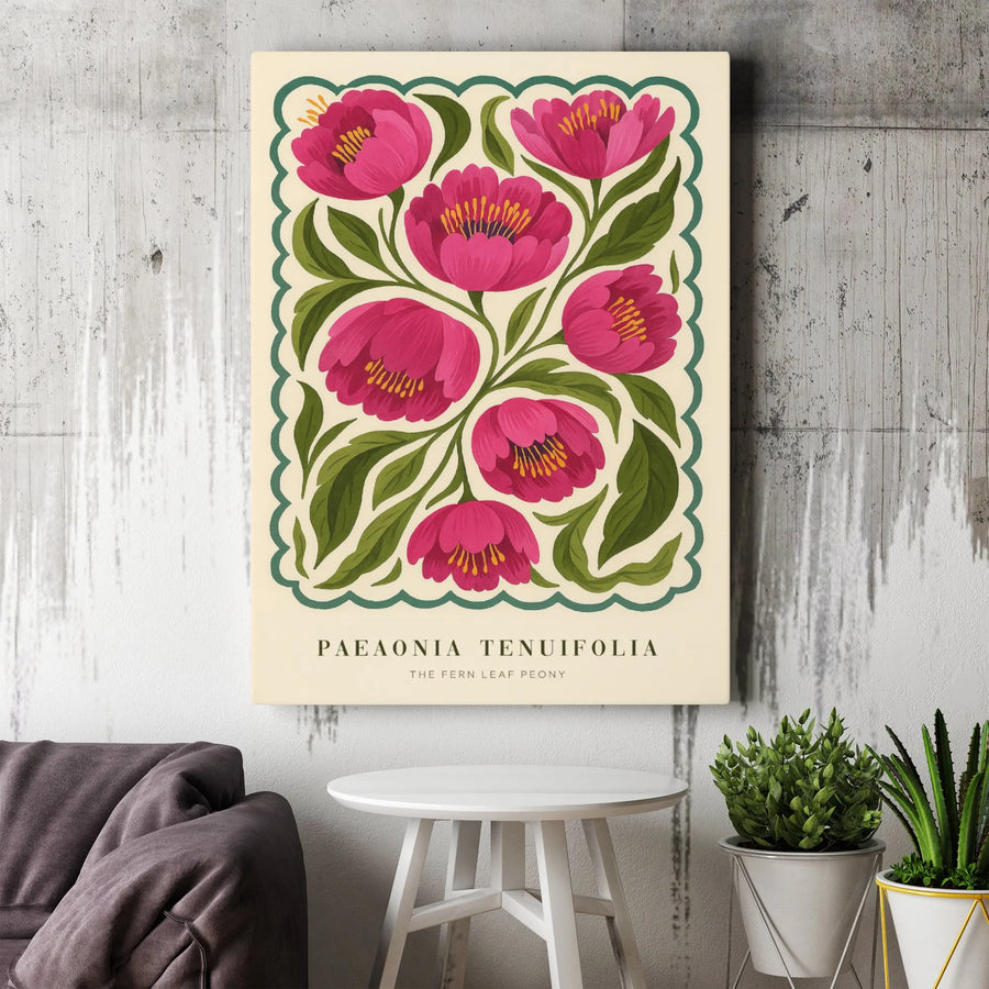 Pink Peony Wall Art Canvas | Vintage Botanical Fern Leaf Illustration | Premium Gallery Wrap Print | Nature Home Decor Gift for Plant Lovers