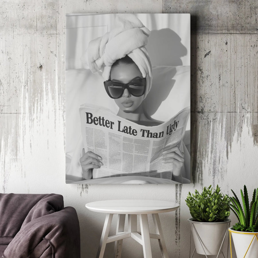 Better Late Than Ugly Wall Art | Funny Newspaper Quote Canvas Print | Premium Gallery Wrapped Decor | Chic Bathroom Wall Decor for Women