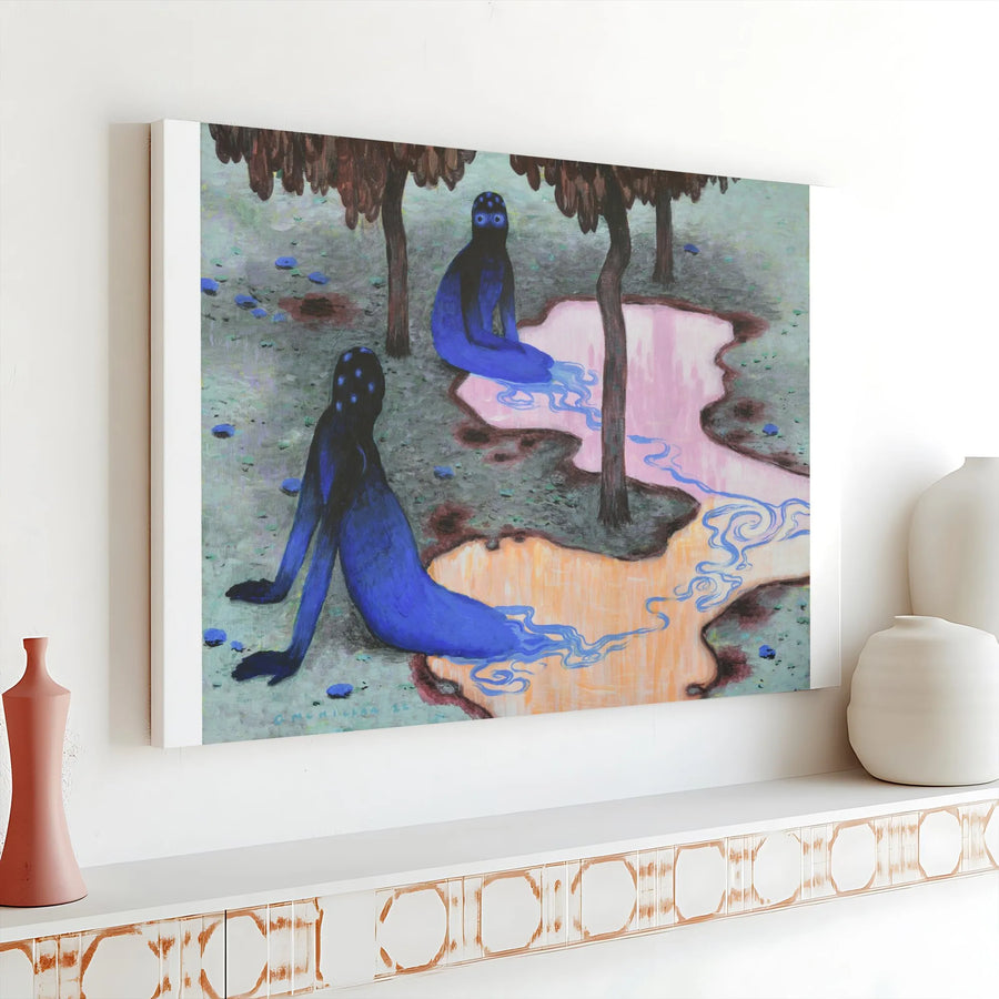 Surreal Blue Figure Canvas Wall Art | Whimsical Abstract River Painting | Premium Gallery Wrap Print | Unique Home Decor for Art Lovers