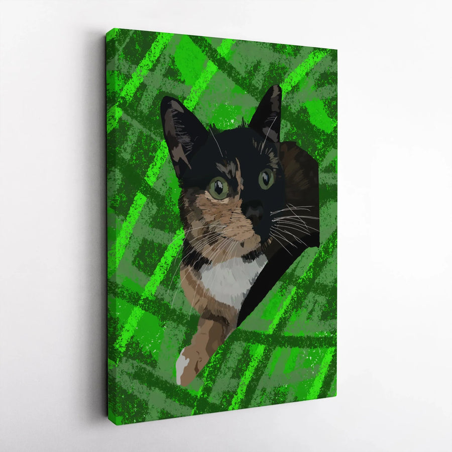 Tortoiseshell Cat Wall Art | Modern Abstract Green Portrait | Premium Gallery Wrapped Canvas | Gift For Cat Lovers And Pet Owners