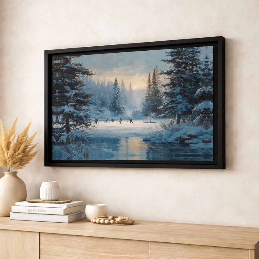 Pond Hockey Canvas Print | Winter Forest Sunset Landscape Wall Art | Premium Gallery Wrapped Decor | Gift for Hockey Players & Sports Fans