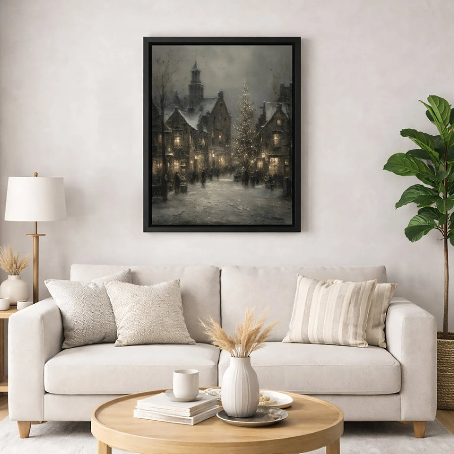 Winter Village Canvas Wall Art | European Christmas Town Street Scene | Premium Gallery Wrap Print | Festive Home Decor Gift