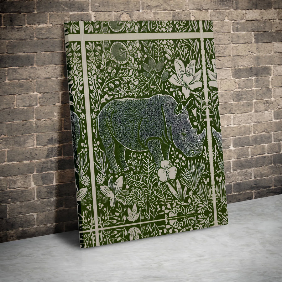 Rhino Botanical Canvas Print Wall Art | Vintage Jungle Rhinoceros Linocut Illustration | Premium Fade-Resistant Print | Nature Lover Gift & Maximalist Home Decor