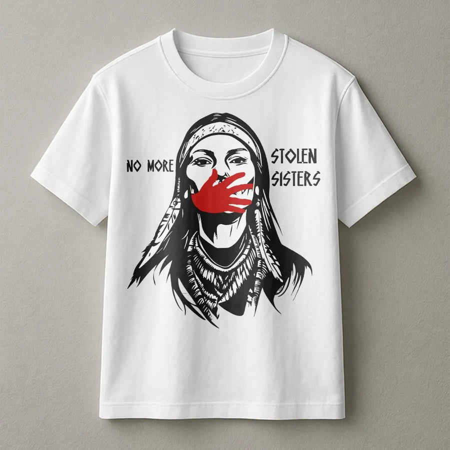No More Stolen Sisters T-Shirt | MMIW Red Handprint Graphic | Premium Soft Cotton Tee | Indigenous Rights Awareness Gift
