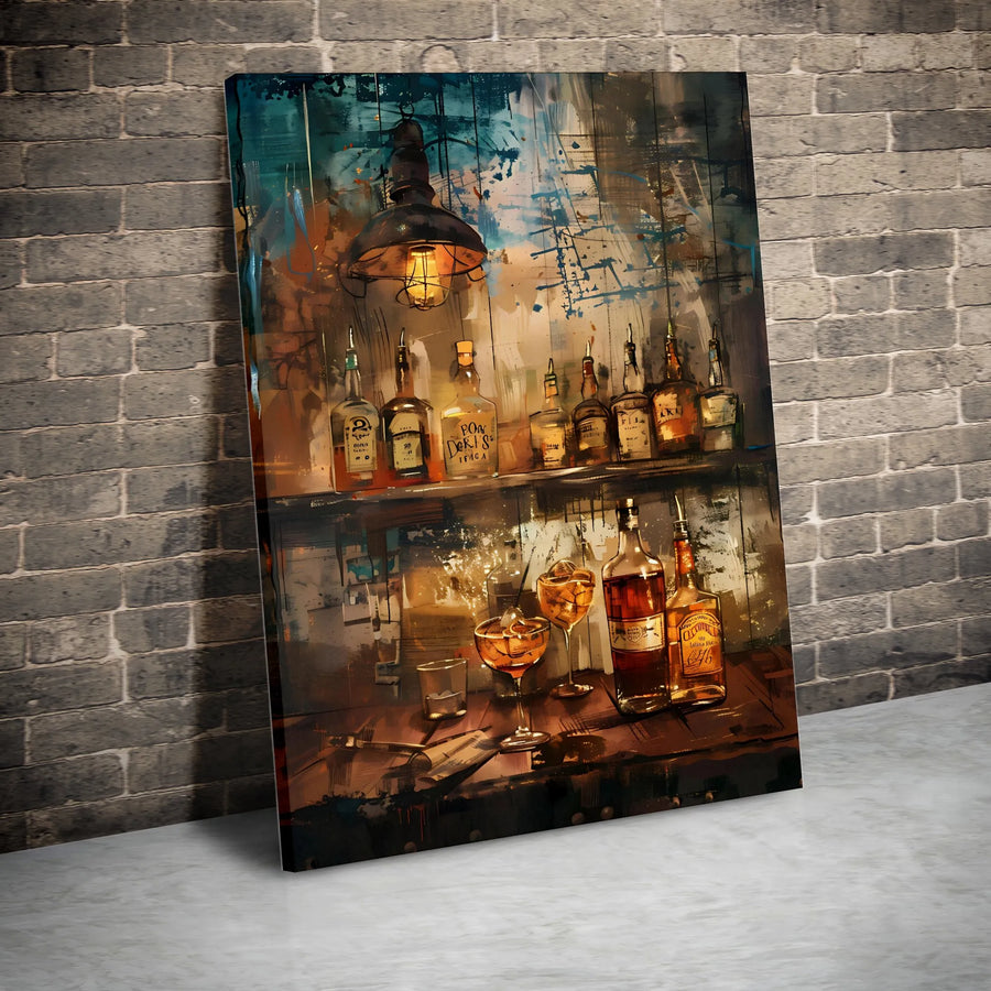 Whiskey Bar Wall Art | Industrial Cocktail Lounge Canvas Print | Premium Gallery-Wrapped Decor | Man Cave or Home Bar Gift