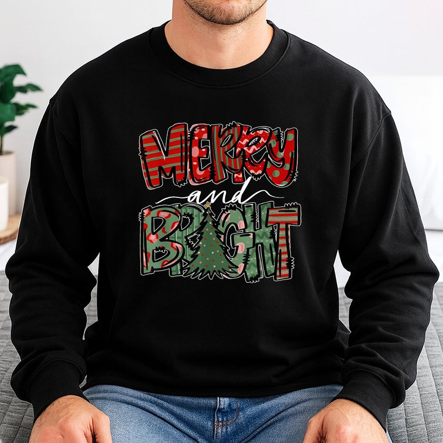 Merry And Bright Sweatshirt | Festive Plaid Christmas Tree Graphic | Cotton Blend Premium Crewneck | Unisex Holiday Gift For Family