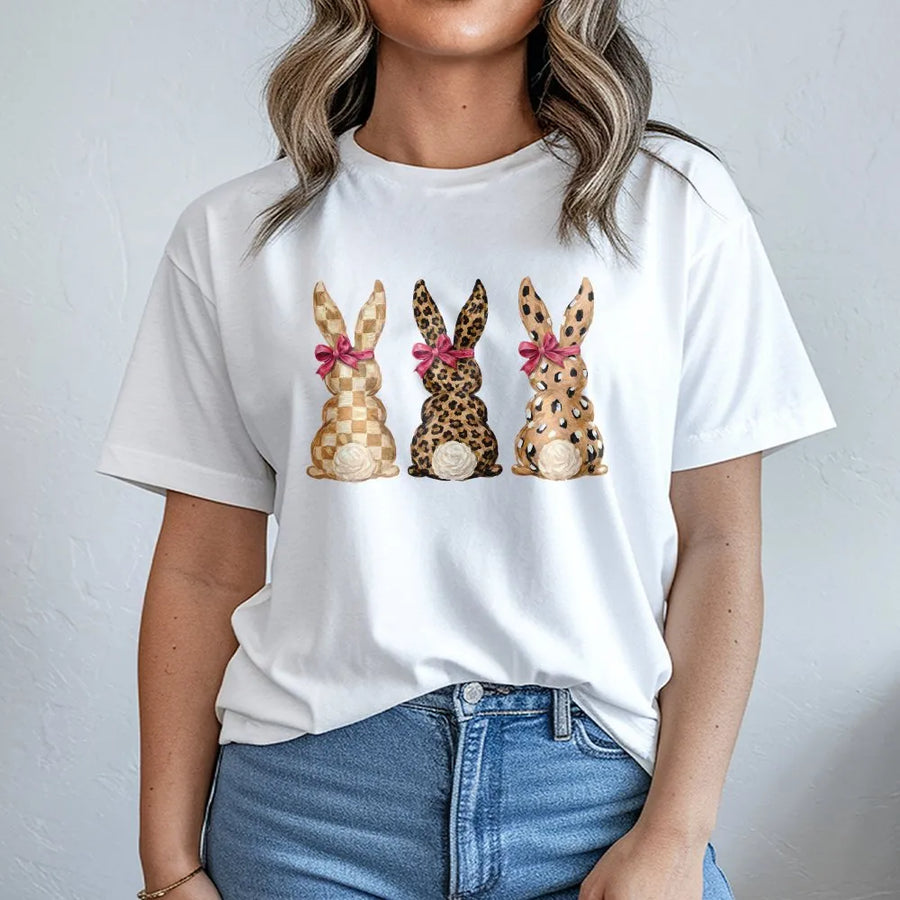 Easter Bunny T-Shirt | Three Cute Bunnies with Leopard and Checkered Patterns | Soft Cotton Premium Graphic Tee | Fun Spring Holiday Gift for Her