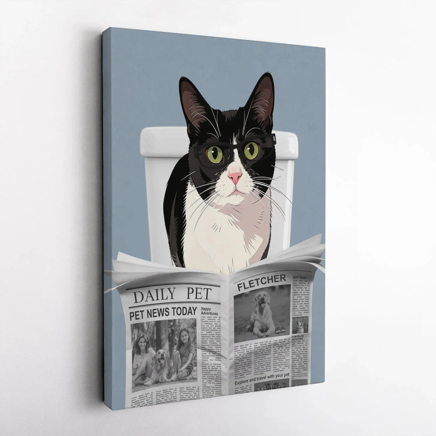 Funny Cat Bathroom Canvas | Tuxedo Cat Reading Newspaper Wall Art | Premium 1.25" Thick Gallery Wrap | Humorous Bathroom Decor Gift for Cat Lover
