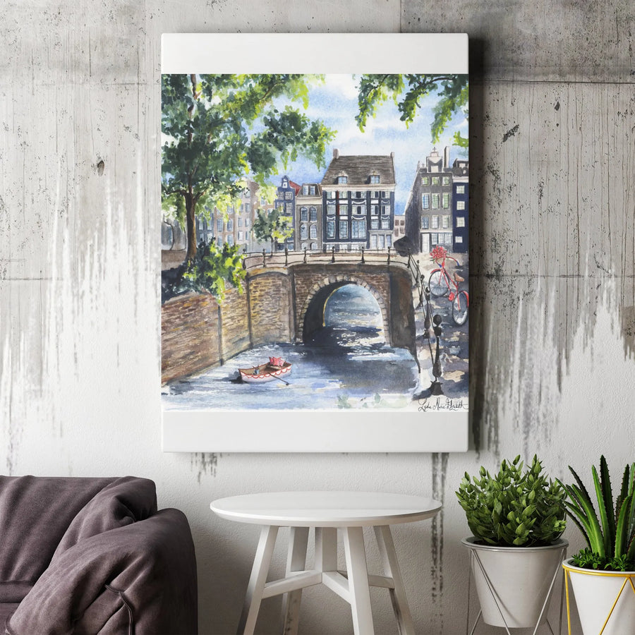 Amsterdam Watercolor Canvas Wall Art | Canal Bridge and Dutch Houses Painting | Premium Gallery Wrap Print | Netherlands Travel Souvenir Gift for Home Decor