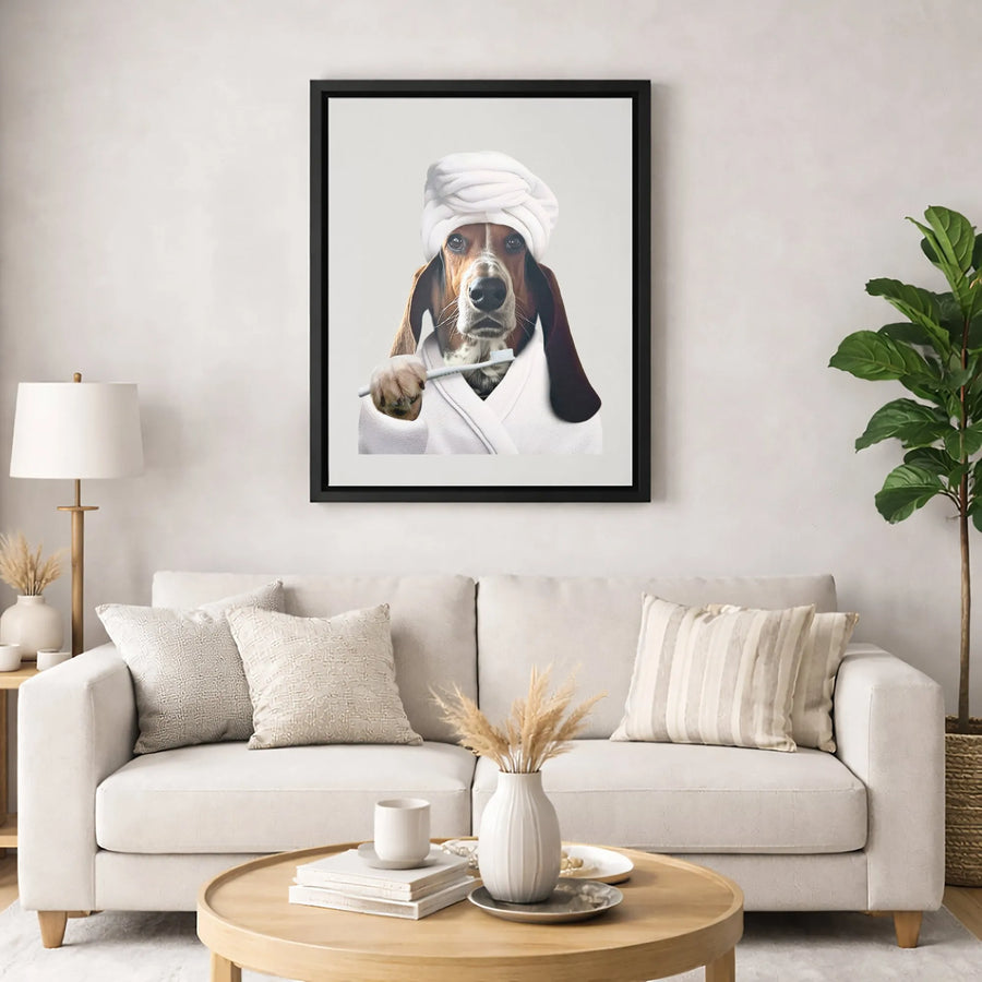 Basset Hound Wall Art | Funny Dog in Bathrobe with Toothbrush | Premium 1.25" Gallery Wrap Canvas | Unique Bathroom Decor Gift for Dog Lovers