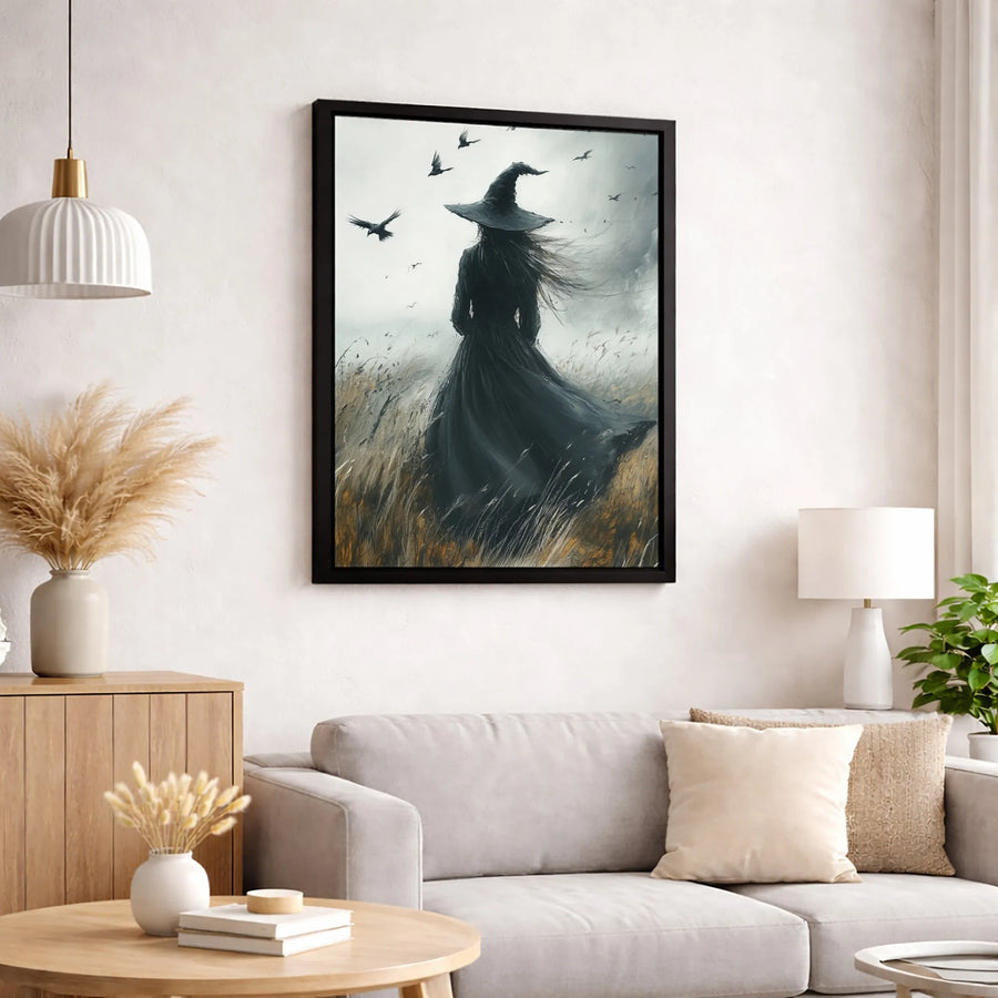 Witch Wall Art Canvas | Moody Gothic Landscape with Crows | Premium Fade-Resistant Print | Dark Academia Home Decor Gift