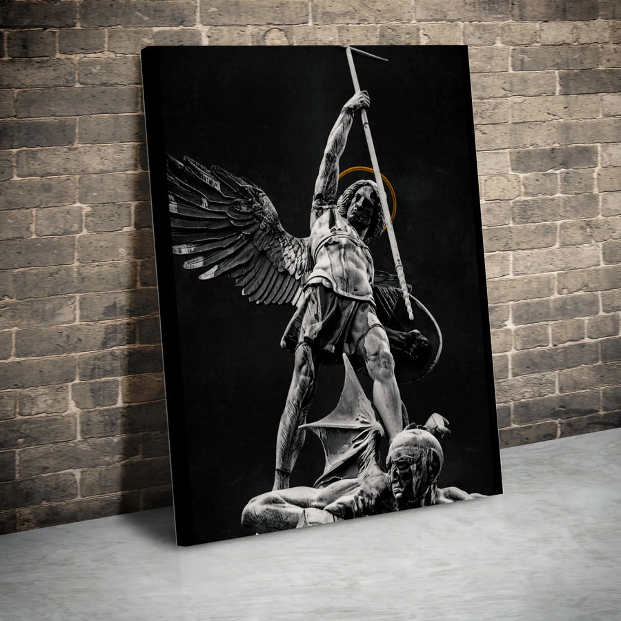 Saint Michael The Archangel Canvas | Archangel Michael Defeating Satan Art | 1.25" Gallery Wrap Premium Print | Religious Home Decor Gift