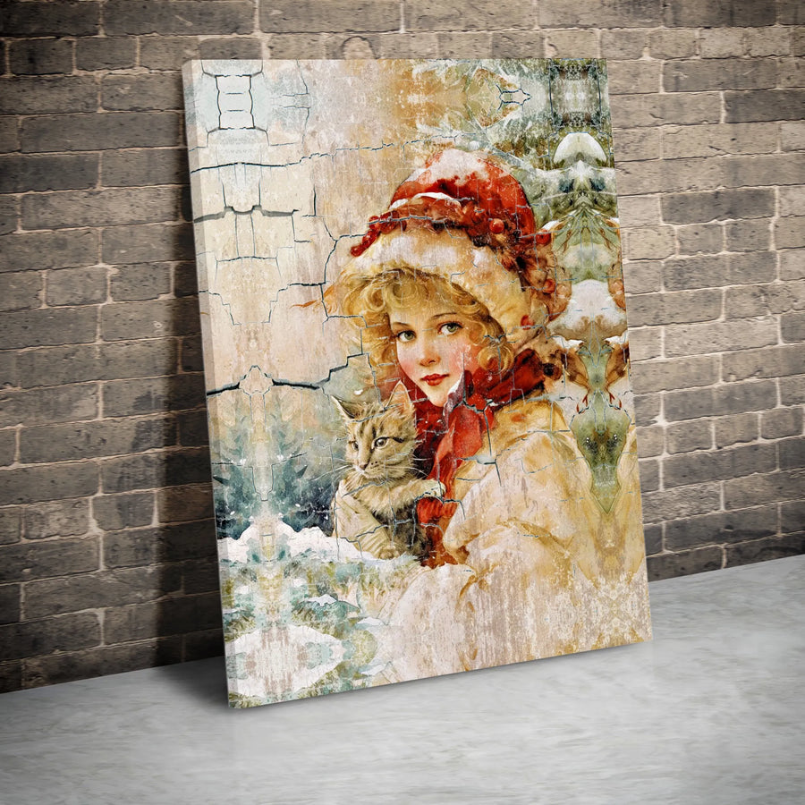 Victorian Girl With Cat Wall Art | Vintage Winter Illustration | Premium Fade-Resistant Canvas | Charming Christmas Holiday Home Decor Gift