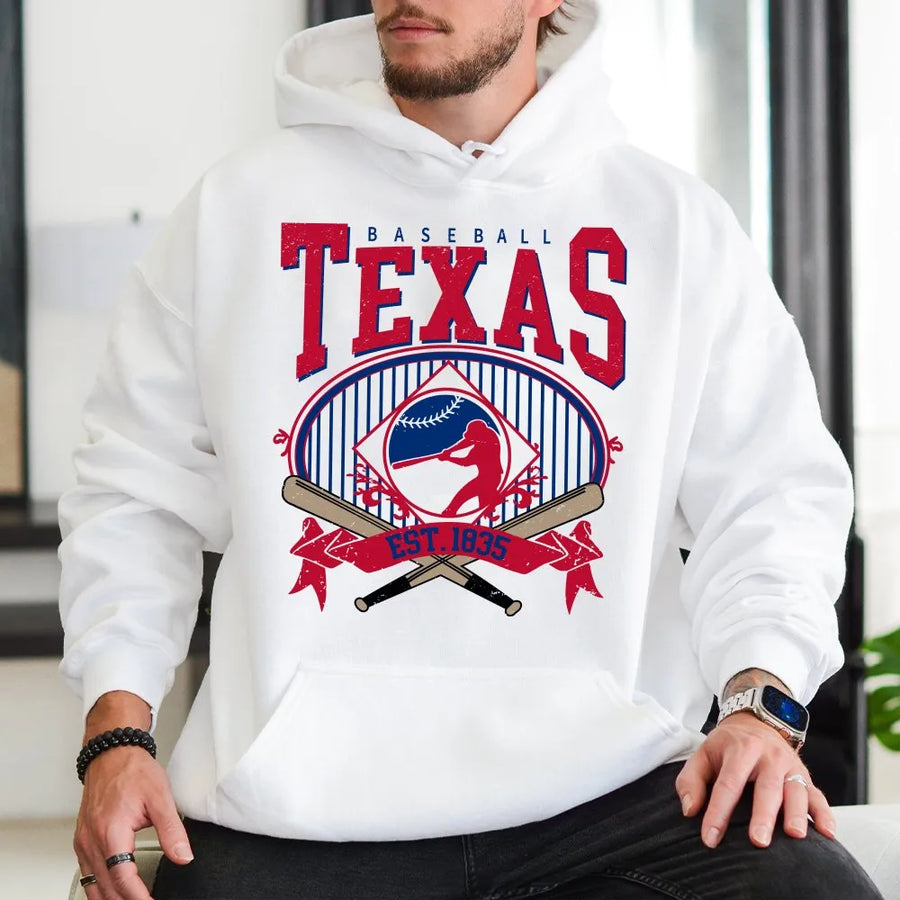 Texas Baseball Hoodie | Vintage Style EST. 1835 Logo | Premium Cotton Tee | Texas Pride Gift for Baseball Fan