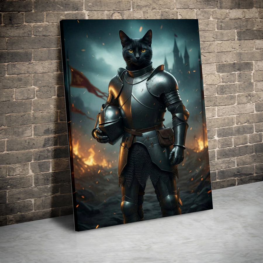 Black Cat Knight Canvas Wall Art | Medieval Warrior Fantasy Portrait | Premium Gallery Wrapped Canvas | Gift for Cat Lovers & Gamers