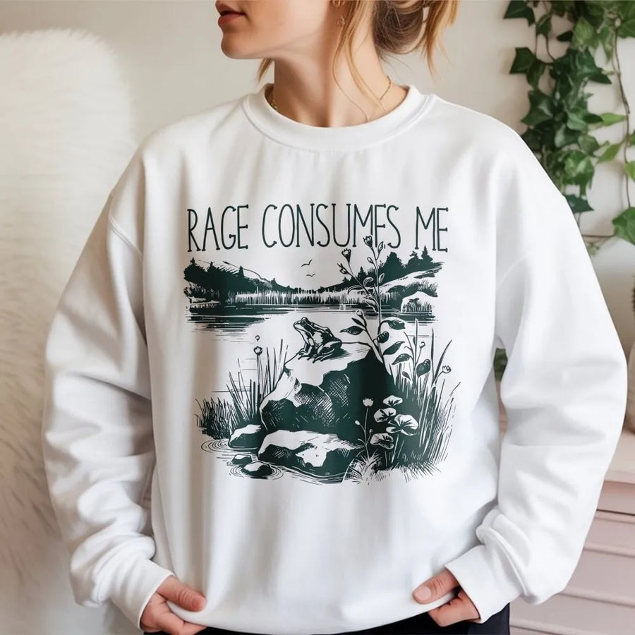 Rage Consumes Me Frog Sweatshirt | Vintage Nature Meme Graphic | Premium Cotton Blend Crewneck | Sarcastic Dark Humor Gift for Men and Women