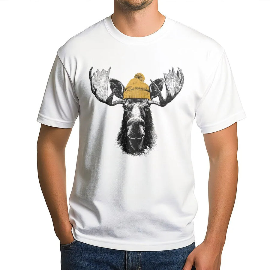 Moose Wearing Beanie T-Shirt | Rustic Mountain Wildlife Graphic | Premium Soft Cotton Tee | Nature Lover Gift For Him Her