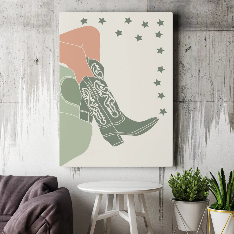 Western Cowgirl Boots Canvas Wall Art | Minimalist Sage Green Star Print | Premium Gallery Wrap Decor | Aesthetic Boho Bedroom Gift