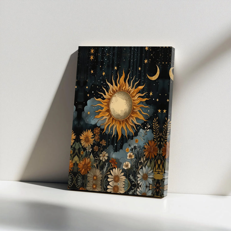 Bohemian Sun and Moon Canvas Wall Art | Celestial Wildflower Garden Print | Premium Gallery-Wrapped Decor | Whimsical Nature Lover Gift