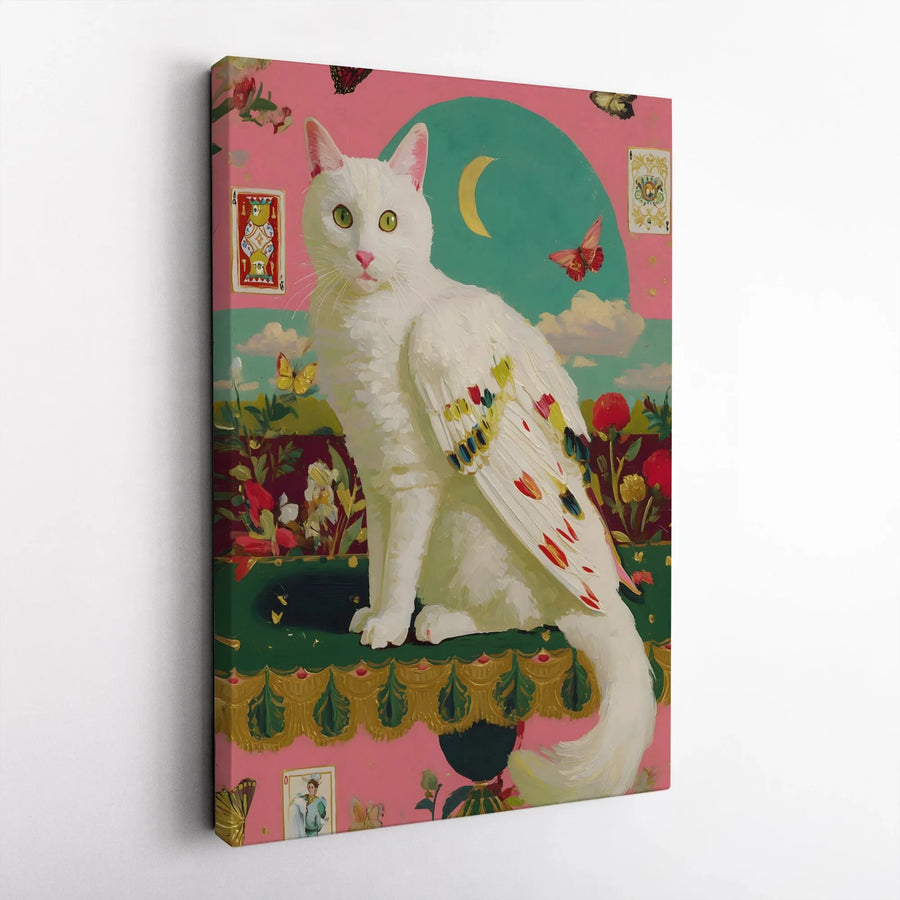 Mystical Cat Canvas Wall Art | Winged Angel Cat with Tarot Cards | Premium Unframed Print | Whimsical Home Decor Gift for Cat Lovers