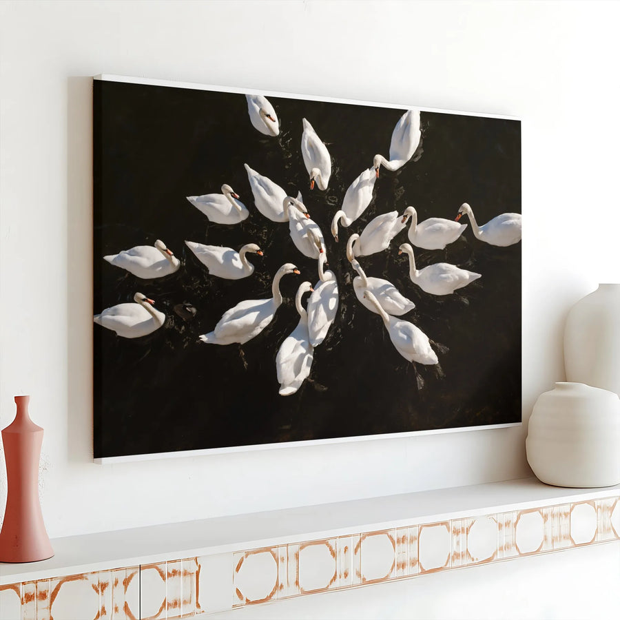 Swans Canvas Wall Art | Aerial Swan Photography Print | Premium Gallery Wrapped Canvas | Modern Farmhouse Living Room Decor Gift