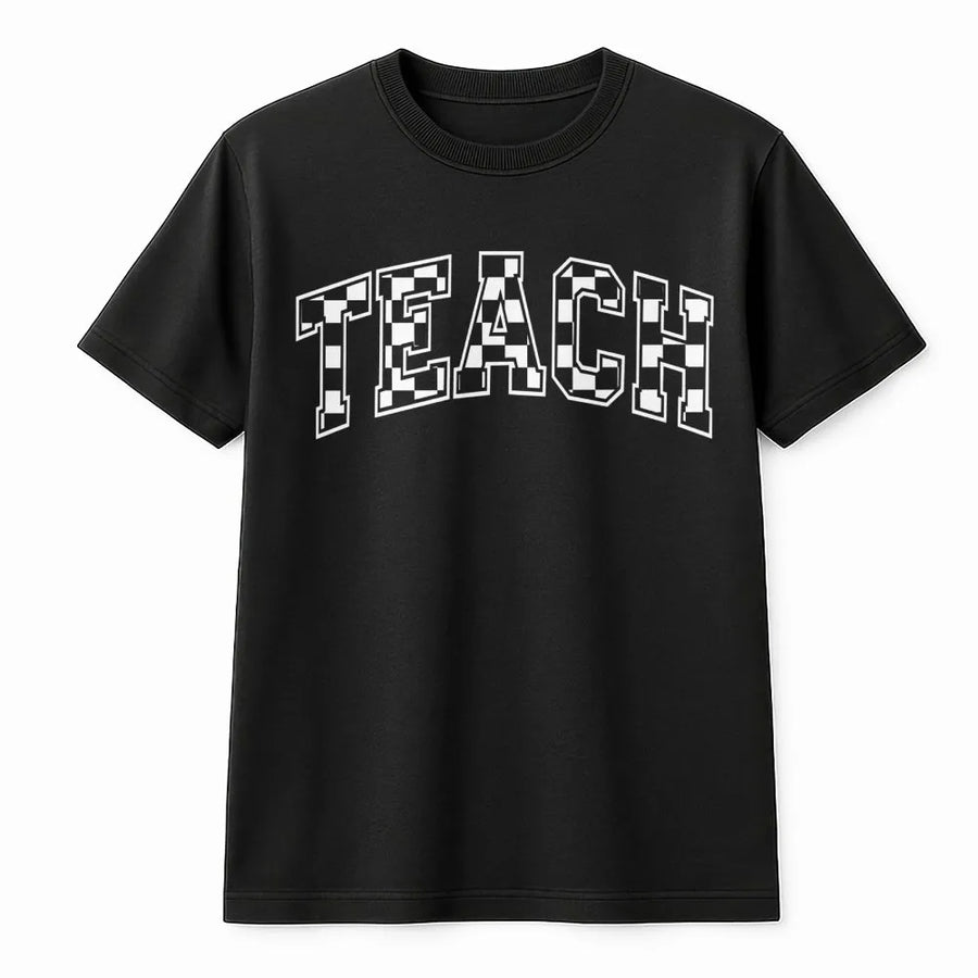 Teach T-Shirt | Checkered Varsity Letter Graphic | Premium Soft Cotton Tee | Teacher Appreciation Gift for Educators, School Staff, Back to School