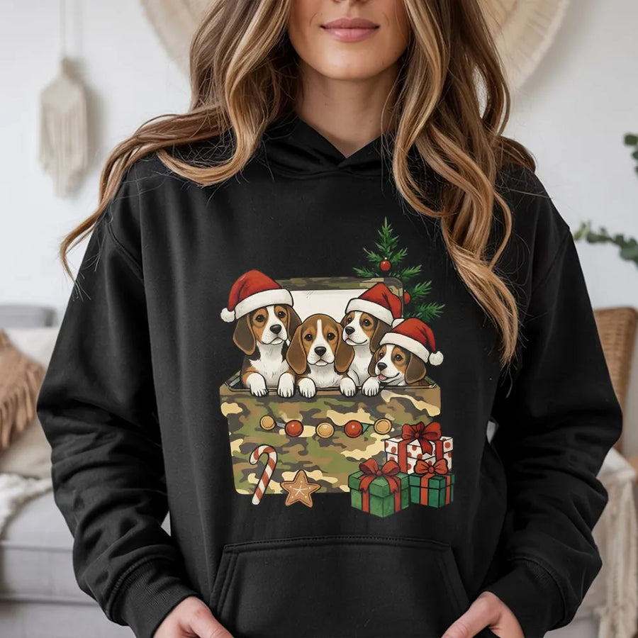 Beagle Christmas Hoodie | Cute Puppies In Gift Box Graphic | Premium Cotton Blend Sweatshirt | Holiday Dog Lover Gift