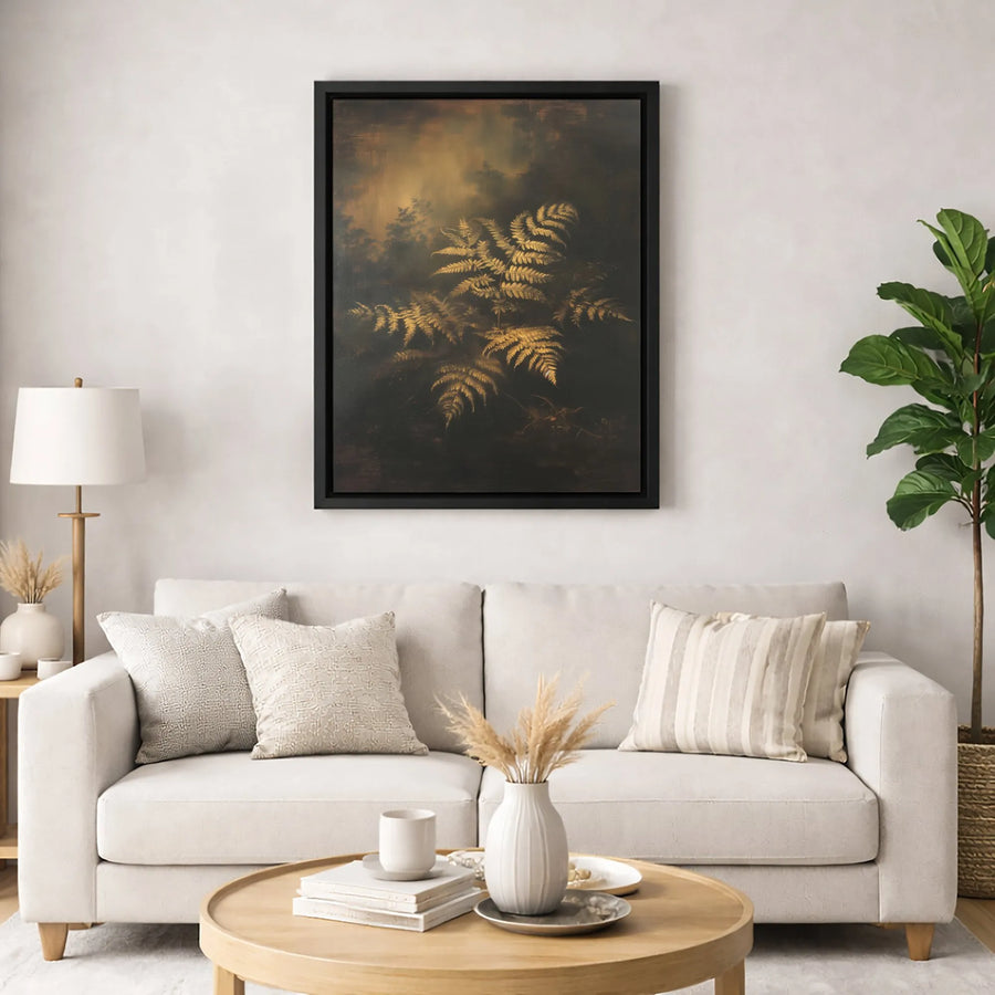 Golden Fern Botanical Canvas Print | Moody Dark Academia Wall Art | Premium Gallery-Wrapped Gallery Quality | Minimalist Nature Home Decor Gift