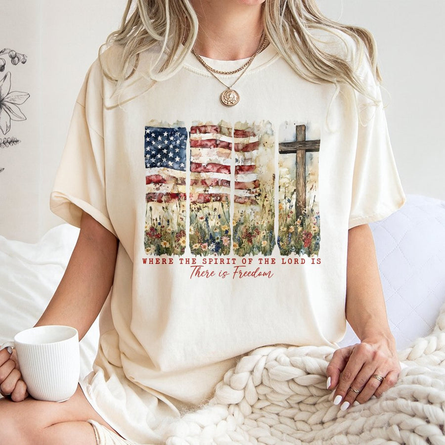 Where The Spirit Of The Lord Is There Is Freedom T-Shirt | American Flag Cross Floral Design | 100% Cotton Premium Tee | Christian Religious Gift