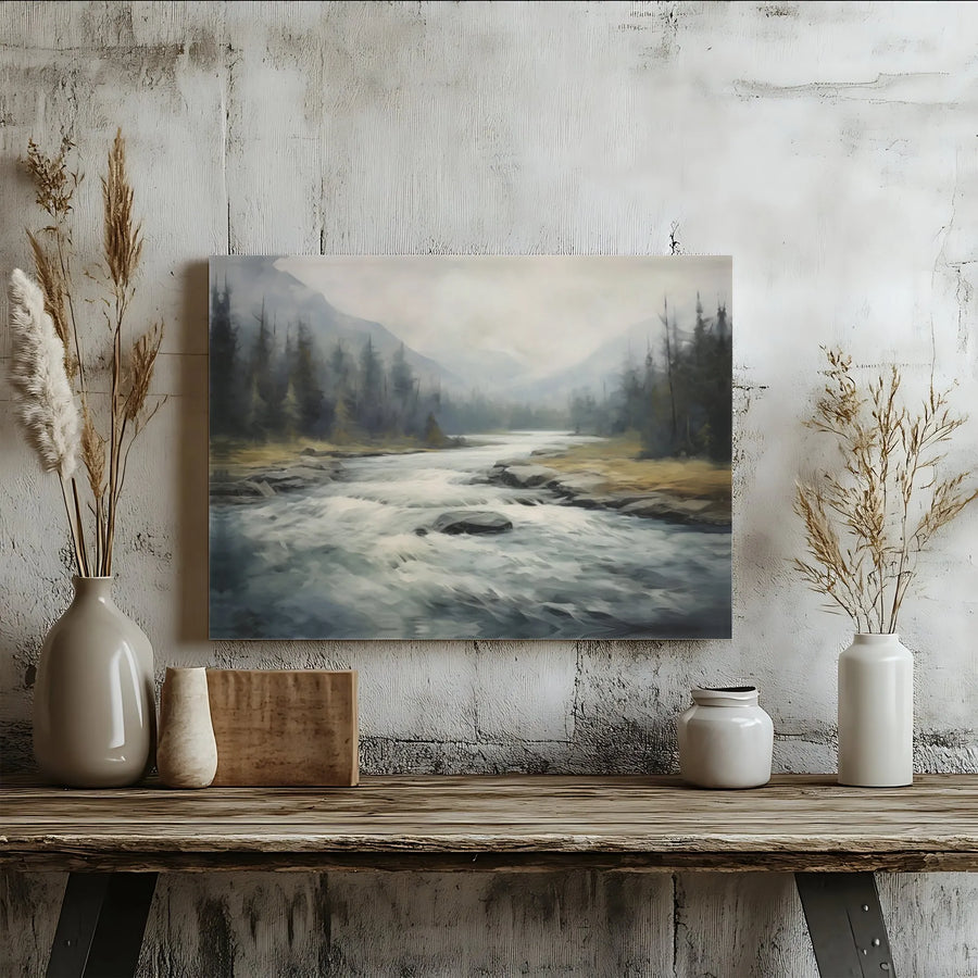 Misty Mountain River Canvas Art | Moody Forest Landscape Painting | Premium Gallery-Wrapped Print | Rustic Home Decor Gift