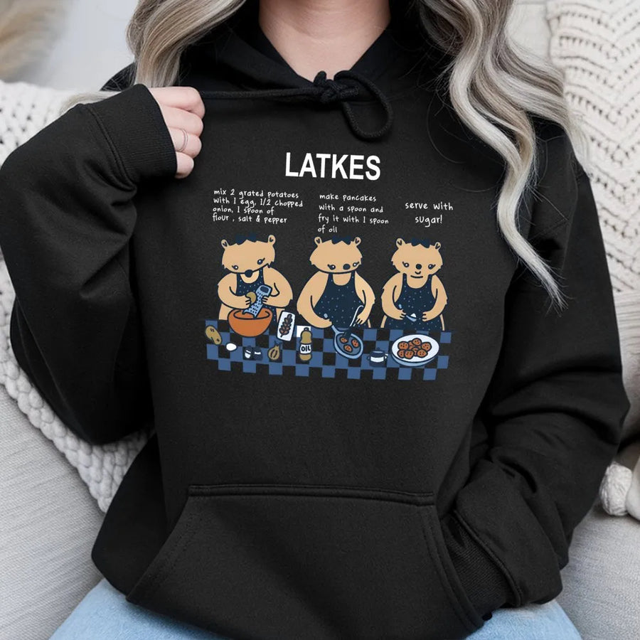 Latkes Hanukkah Hoodie | Cute Bear Potato Pancake Recipe Graphic | Premium Cotton Blend | Funny Jewish Holiday Gift for Men and Women
