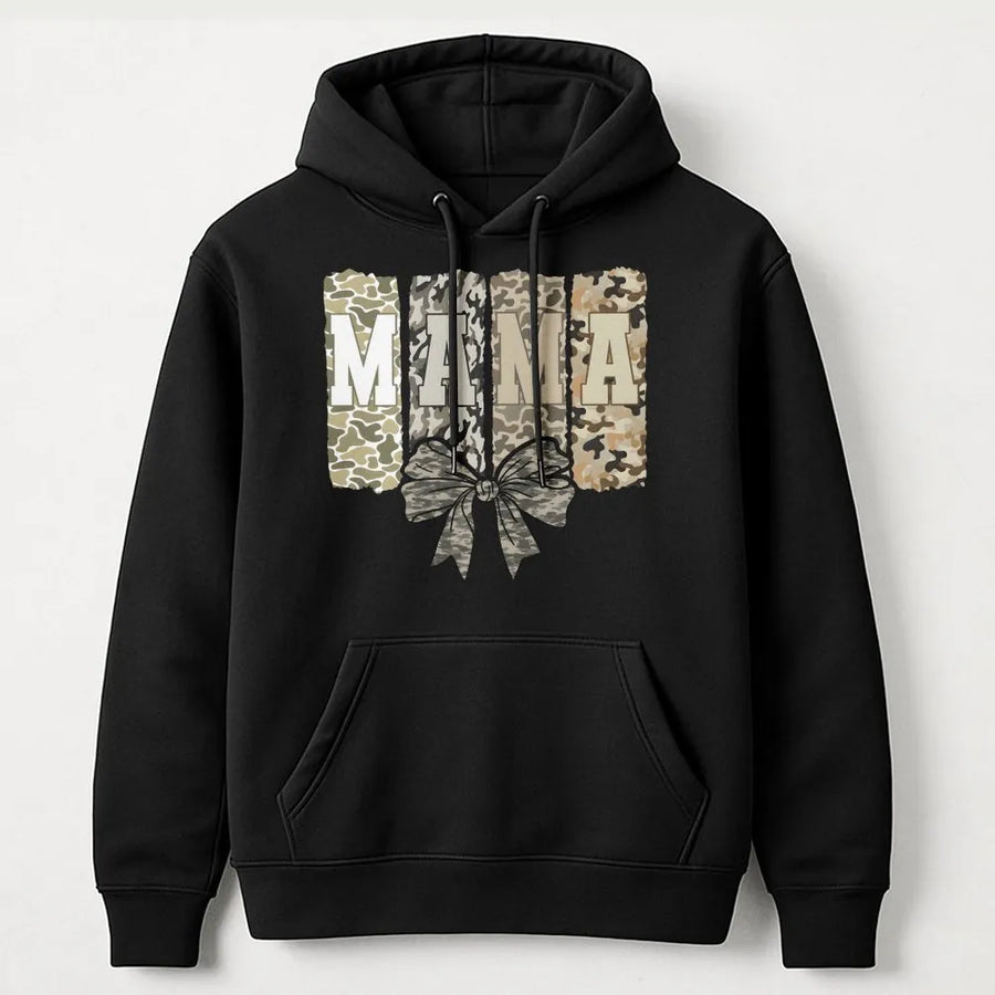 Mama Hoodie with Camo Coquette Bow | Distressed Camouflage Lettering | Premium Cotton Blend | Mother's Day 2026 Gift for Mom Wife Daughter