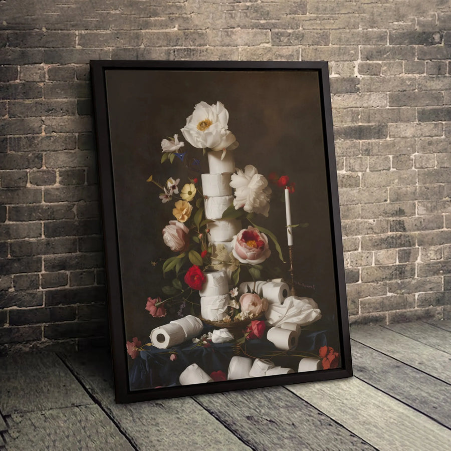 Toilet Paper Still Life Canvas Art | Dutch Master Floral Oil Painting Style | Premium Gallery Wrap Wall Decor | Funny Bathroom Wall Art Gift
