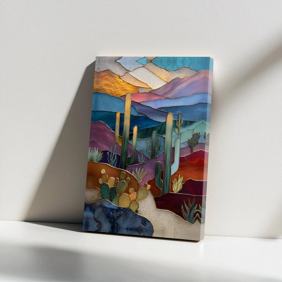 Desert Saguaro Cactus Canvas Wall Art | Stained Glass Style Sunset Landscape | Gallery Wrap Premium Print | Southwest Home Decor Gift