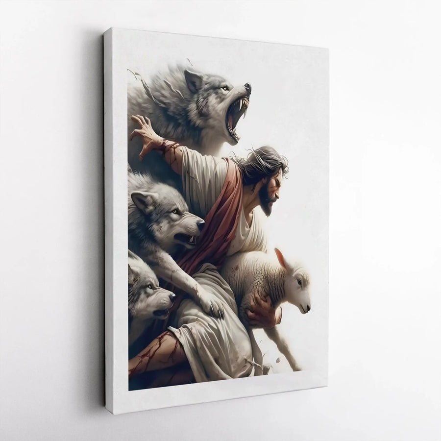 Jesus Protecting Lamb From Wolves Canvas | Religious Wall Art Print | Premium 1.25 Inch Gallery Wrap | Christian Home Decor Gift